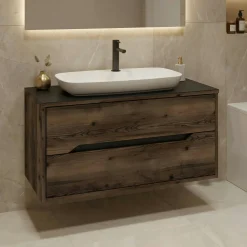 Meuble vasque suspendu 100 cm décor bois foncé 2 tiroirs NEÏS
