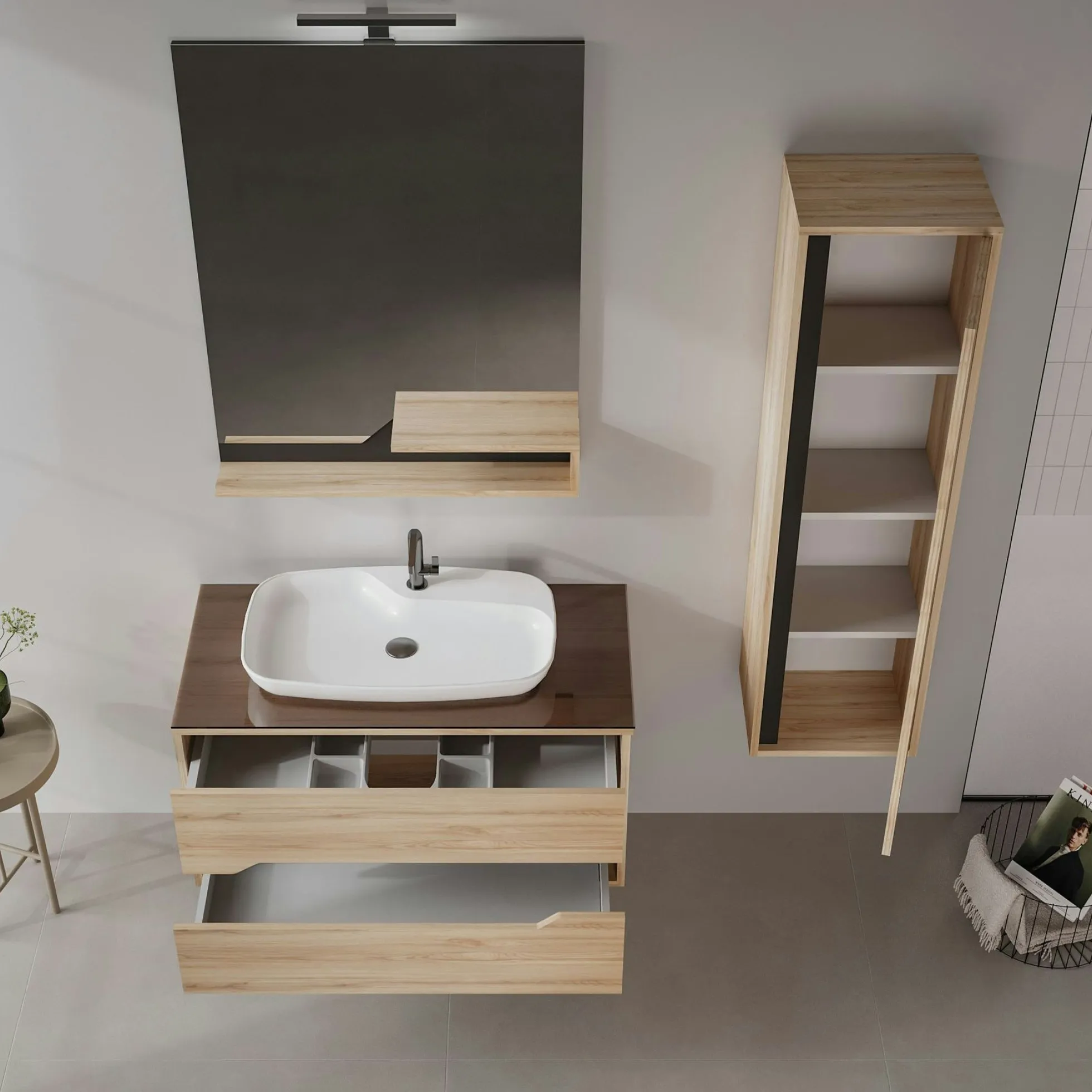 Meuble vasque suspendu 100 cm décor chêne 2 tiroirs NEÏS