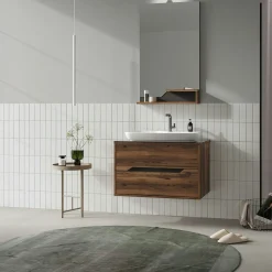 Meuble vasque suspendu 80 cm décor bois foncé 2 tiroirs NEÏS