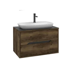 Meuble vasque suspendu 80 cm décor bois foncé 2 tiroirs NEÏS