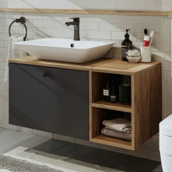 Meuble vasque suspendu 95 cm décor pin et gris 1 tiroir ONDO