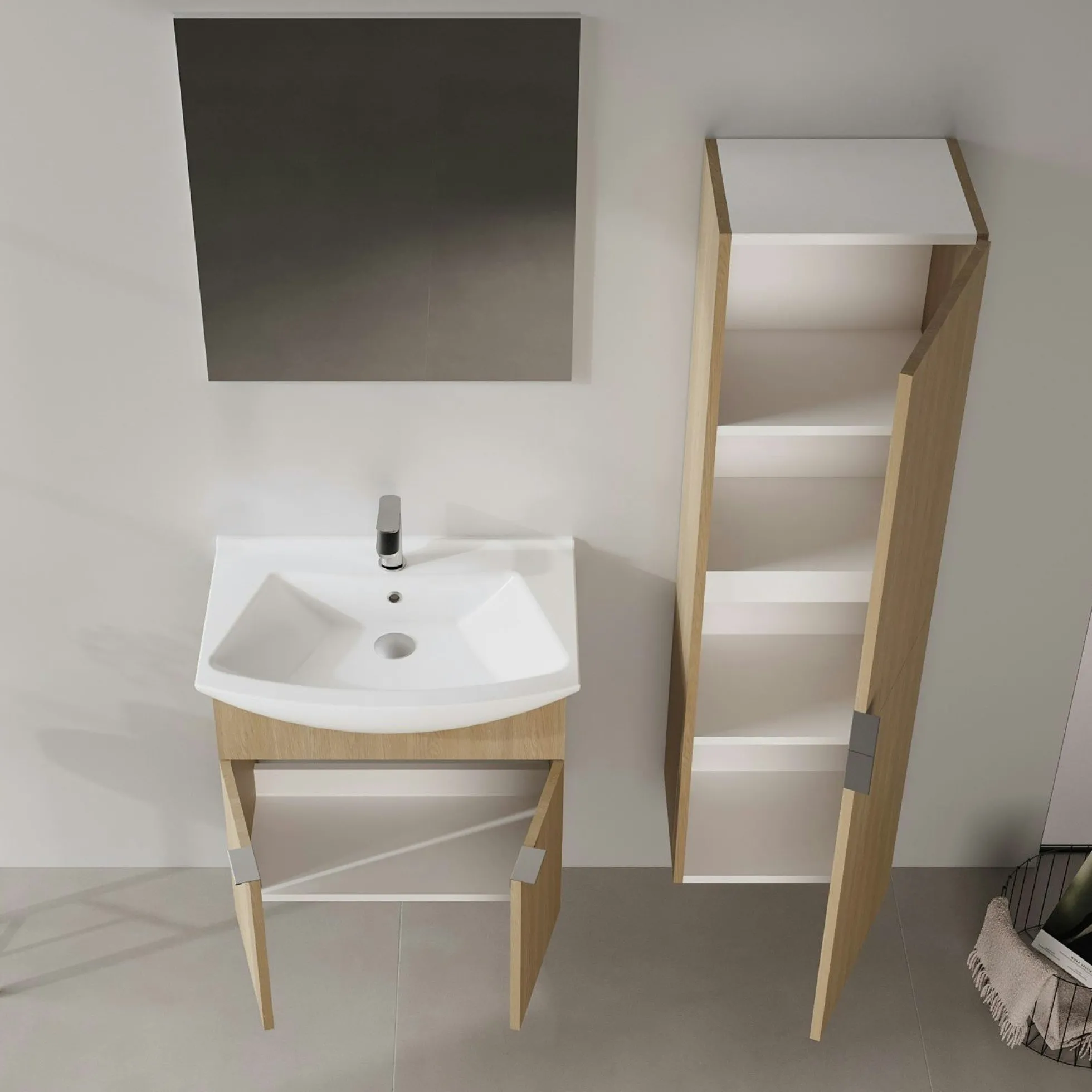 Meuble vasque suspendu 65 cm décor chêne 2 portes UMI