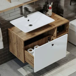 Meuble vasque suspendu 95 cm décor pin et blanc 1 tiroir ONDO