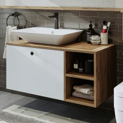 Meuble vasque suspendu 95 cm décor pin et blanc 1 tiroir ONDO