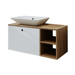 Meuble vasque suspendu 95 cm décor pin et blanc 1 tiroir ONDO