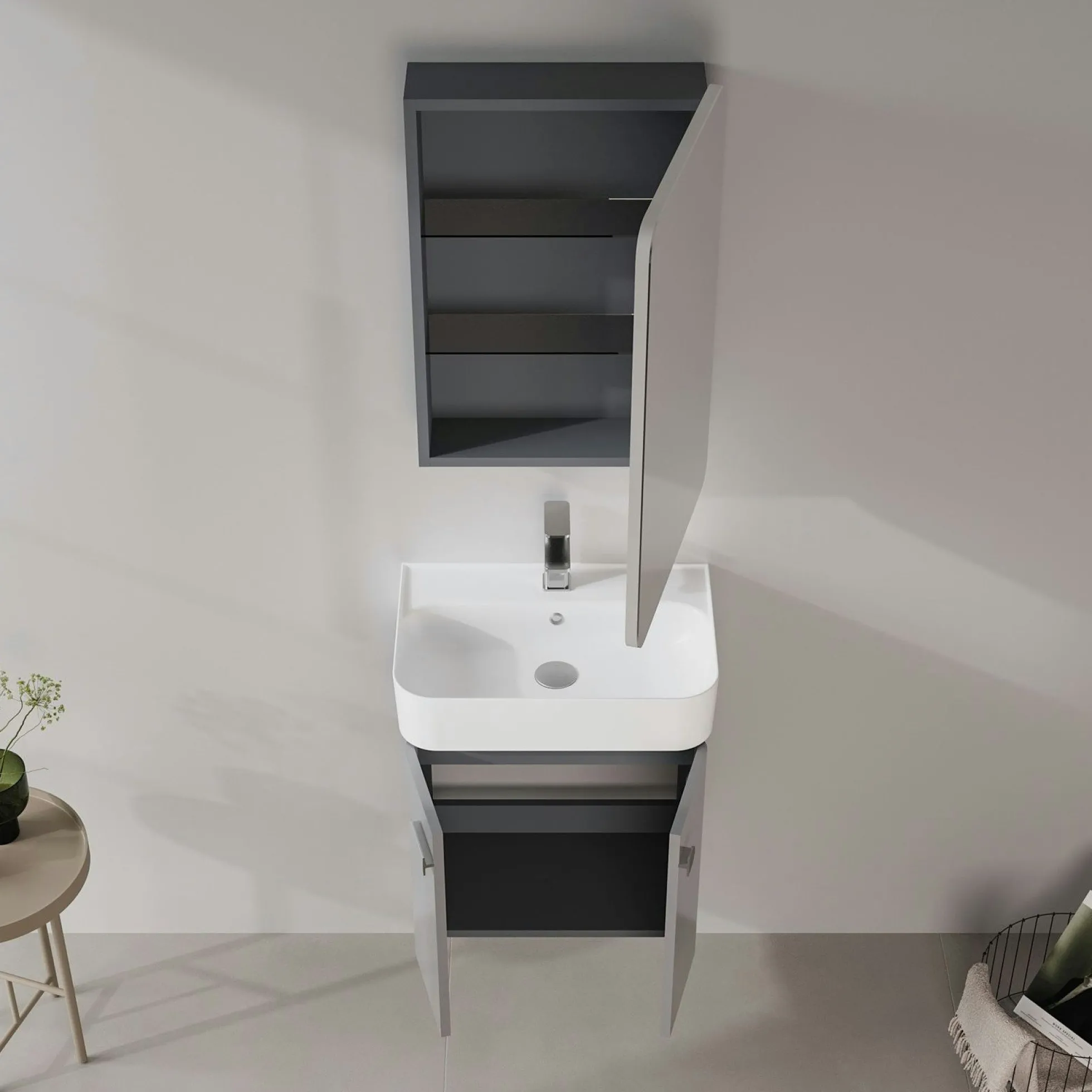 Meuble vasque suspendu 55 cm gris 2 portes DRIF