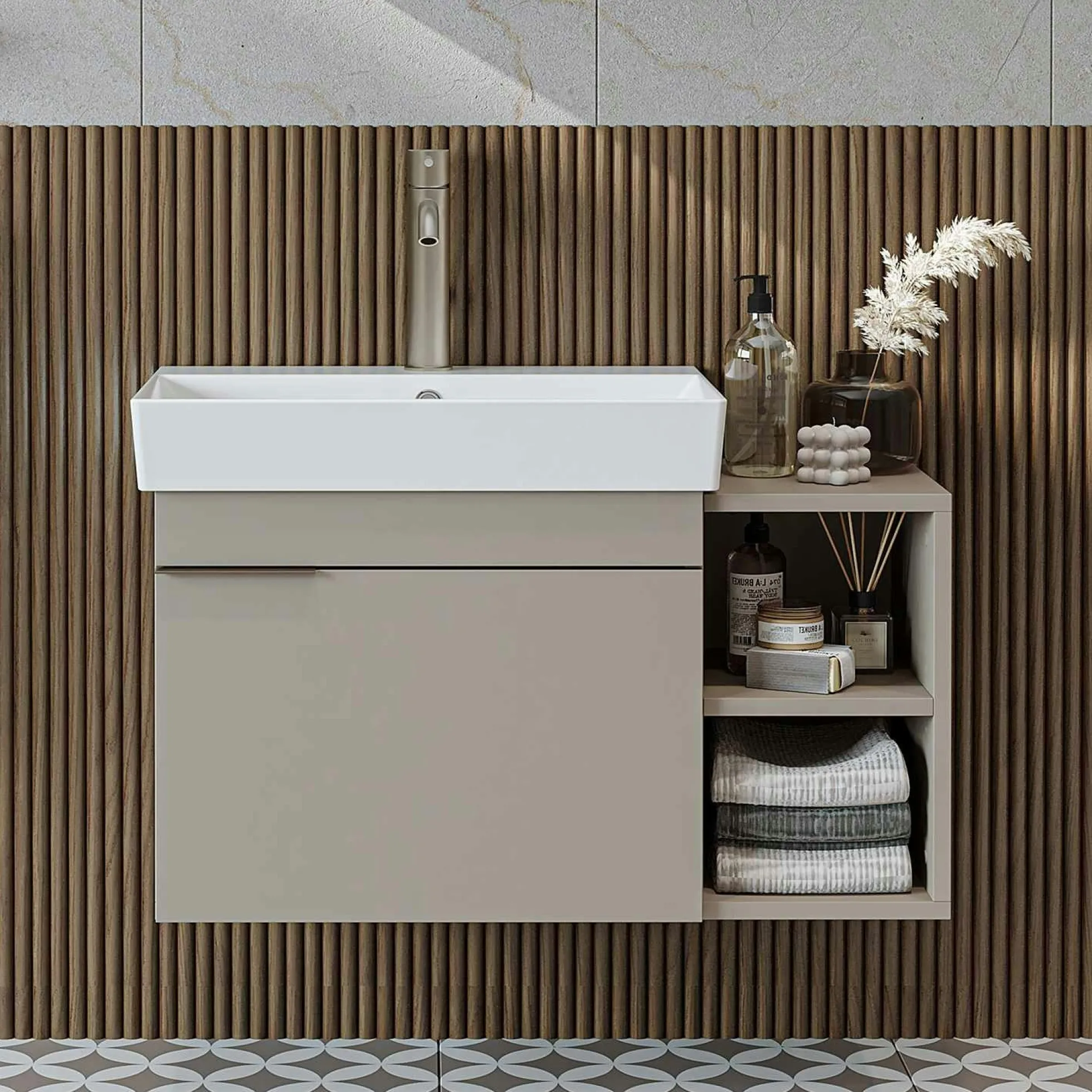 Meuble vasque suspendu 82 cm sable 1 porte 2 niches NORIA