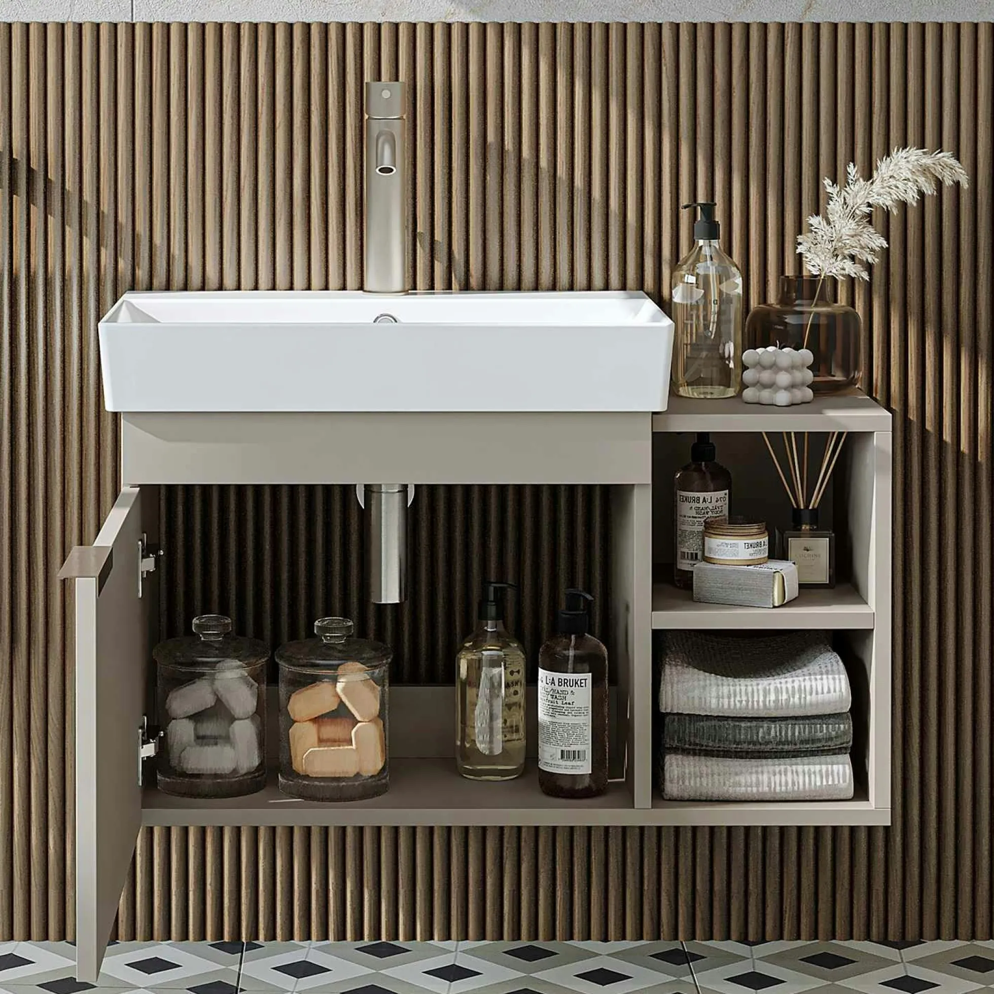 Meuble vasque suspendu 82 cm sable 1 porte 2 niches NORIA