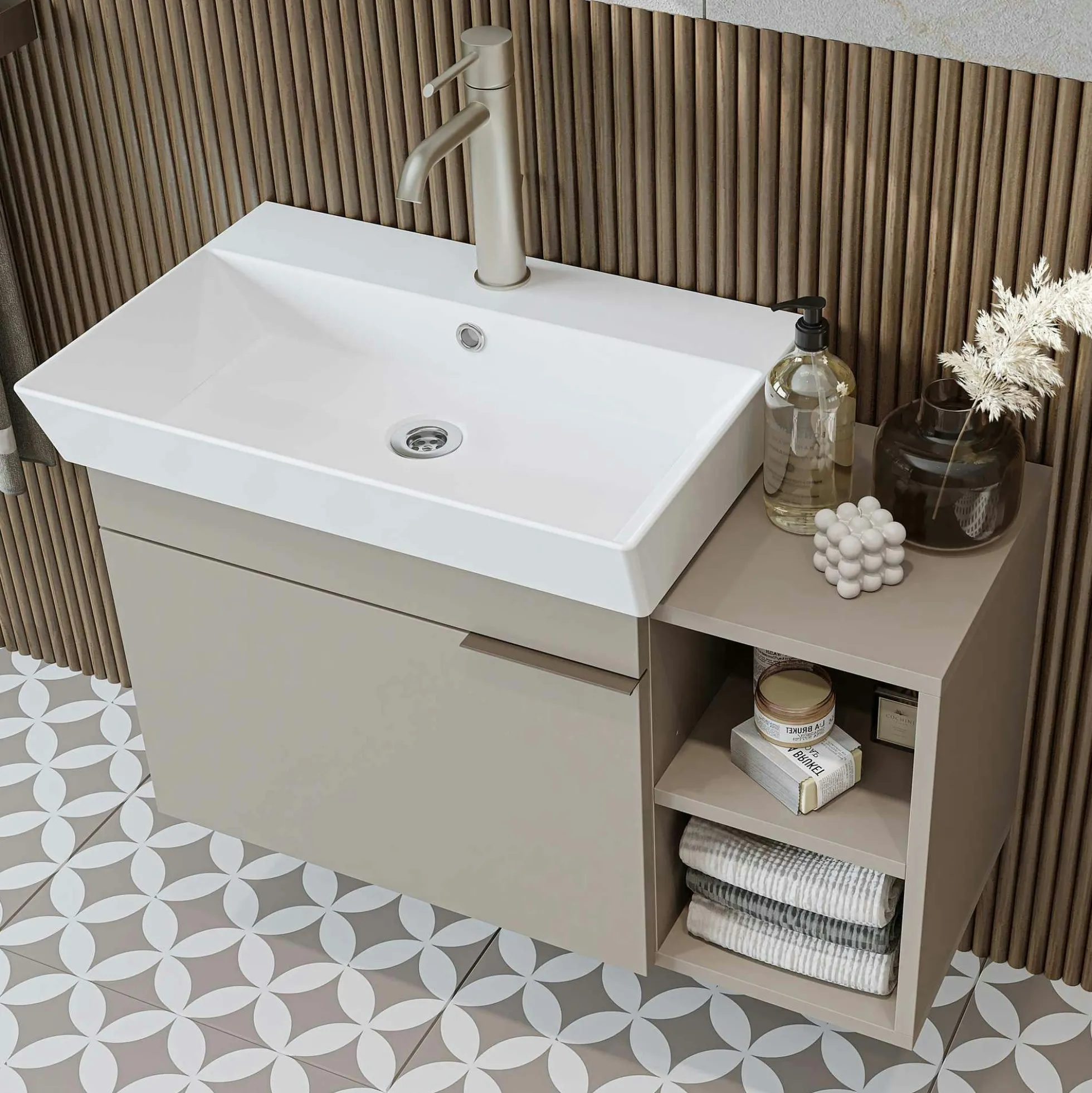 Meuble vasque suspendu 82 cm sable 1 porte 2 niches NORIA