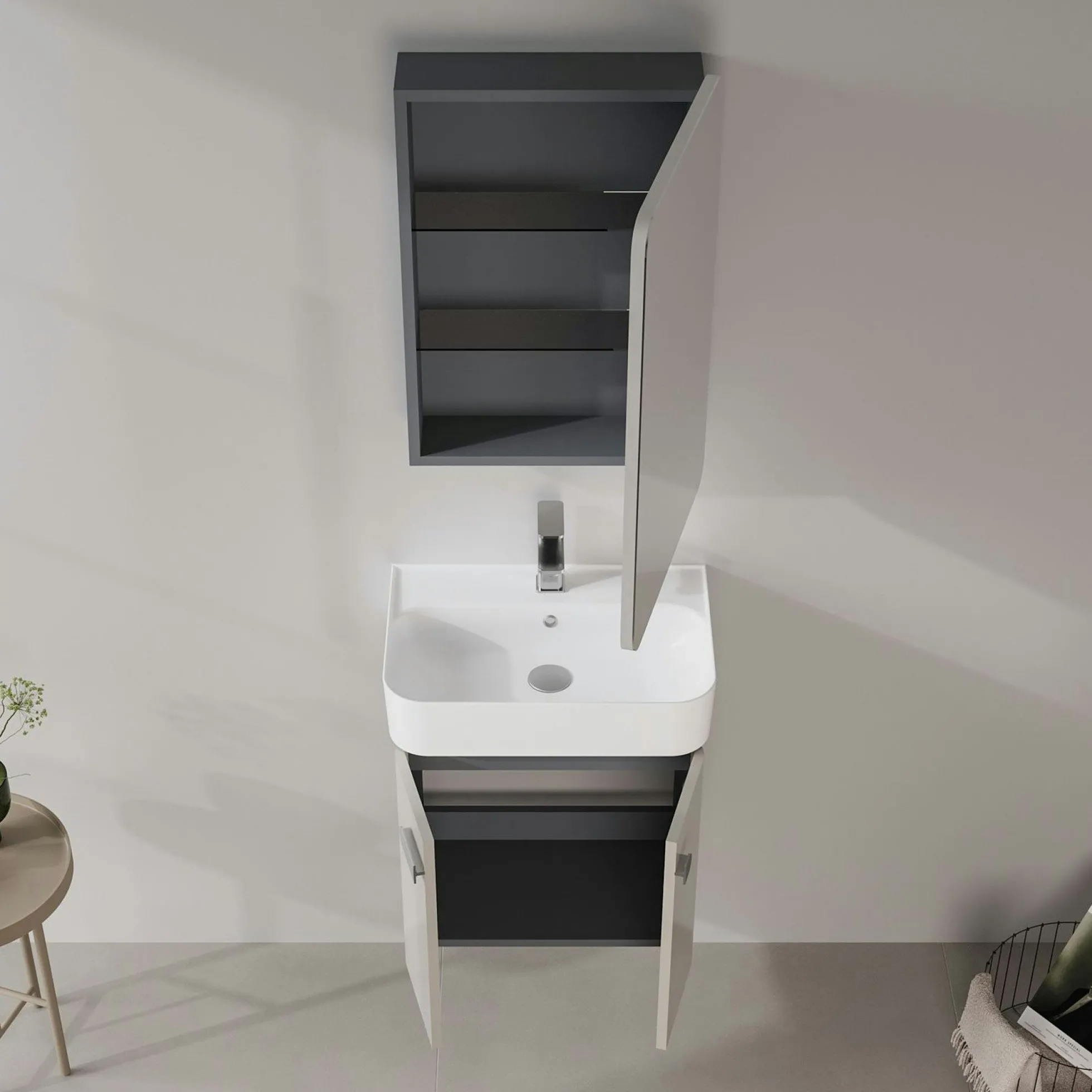 Meuble vasque suspendu 55 cm taupe 2 portes DRIF