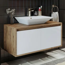 Meuble vasque suspendu décor pin et blanc 2 portes FLOE