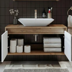 Meuble vasque suspendu décor pin et blanc 2 portes FLOE