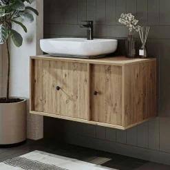 Meuble vasque suspendu décor pin 1 tiroir 1 porte RILL