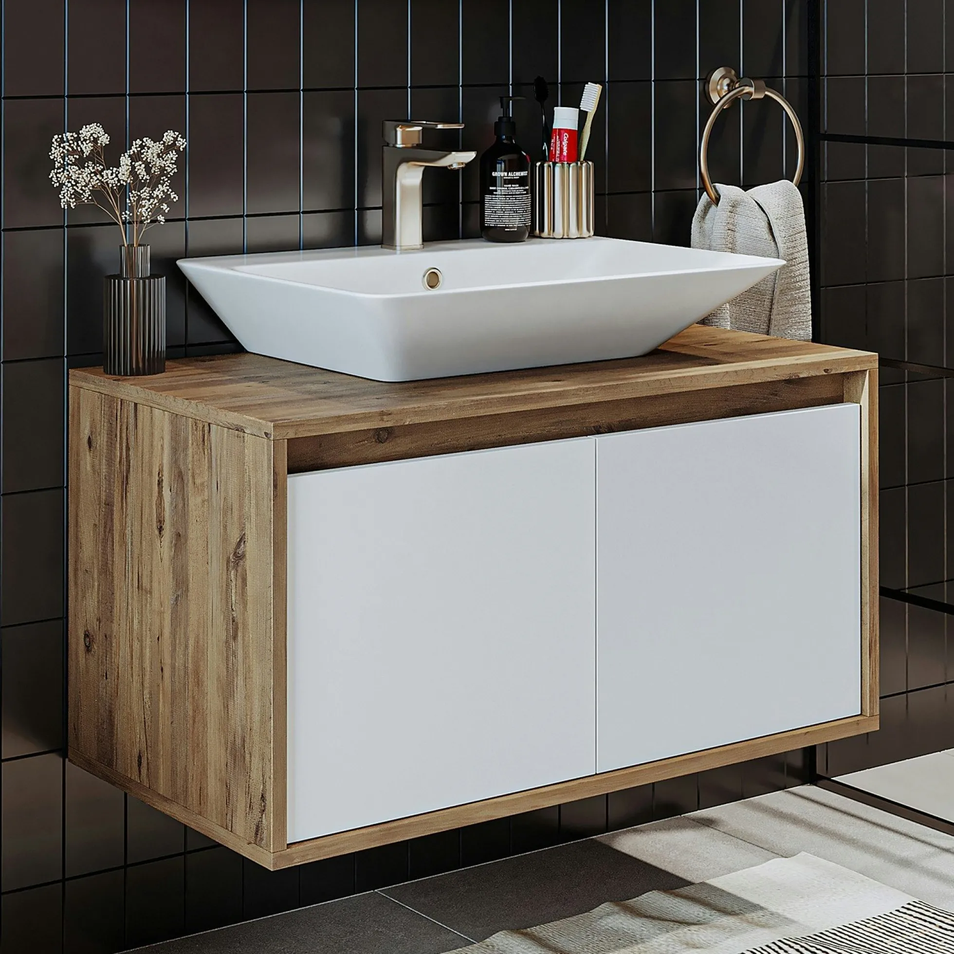 Meuble vasque suspendu décor pin et blanc VIVE