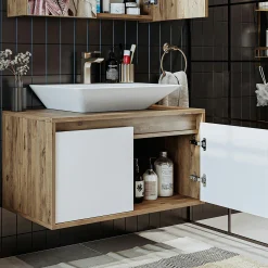 Meuble vasque suspendu décor pin et blanc VIVE