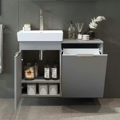 Meuble vasque suspendu gris avec panier à linge NESSA