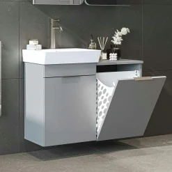 Meuble vasque suspendu gris avec panier à linge NESSA