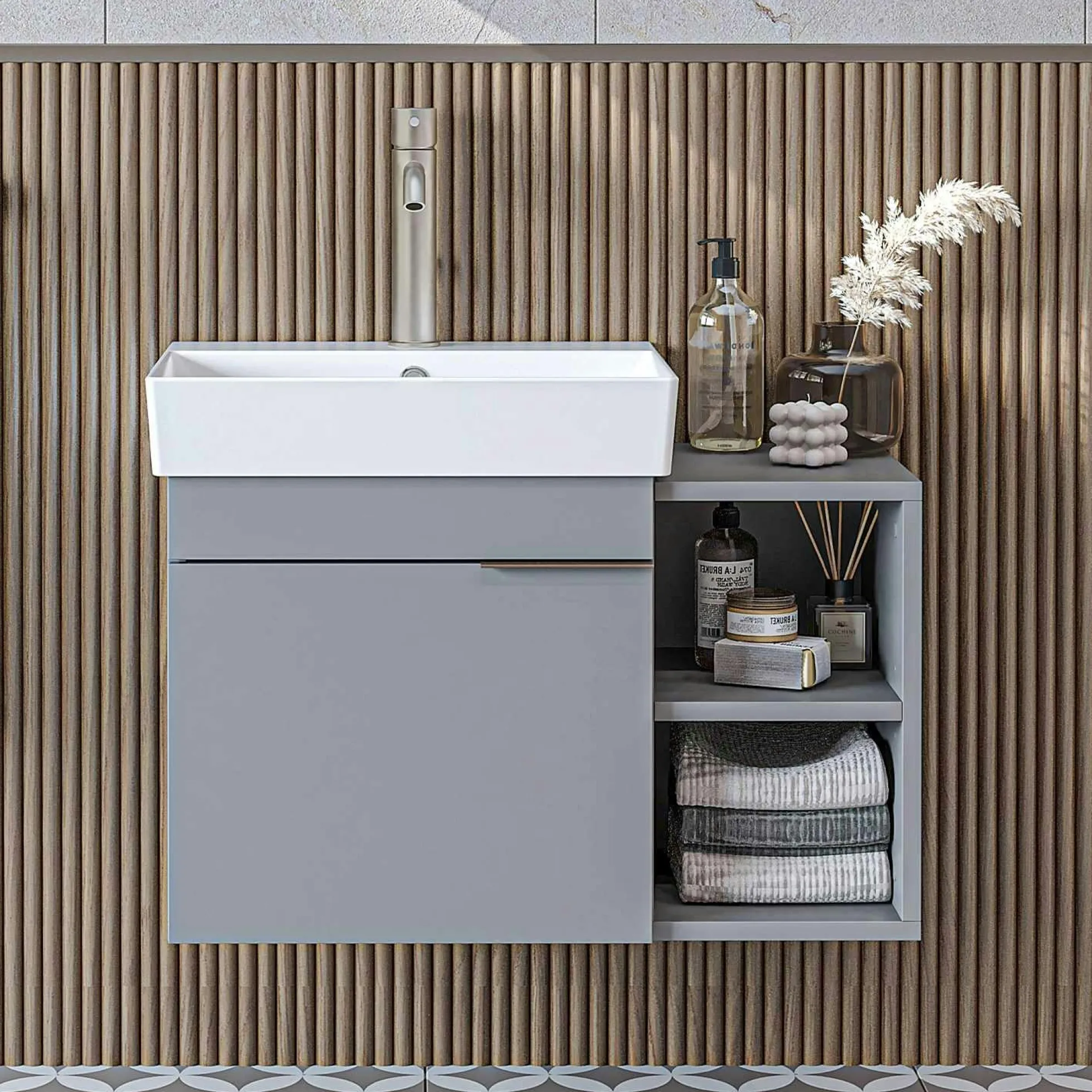 Meuble vasque suspendu gris clair 1 porte 2 niches NORIA