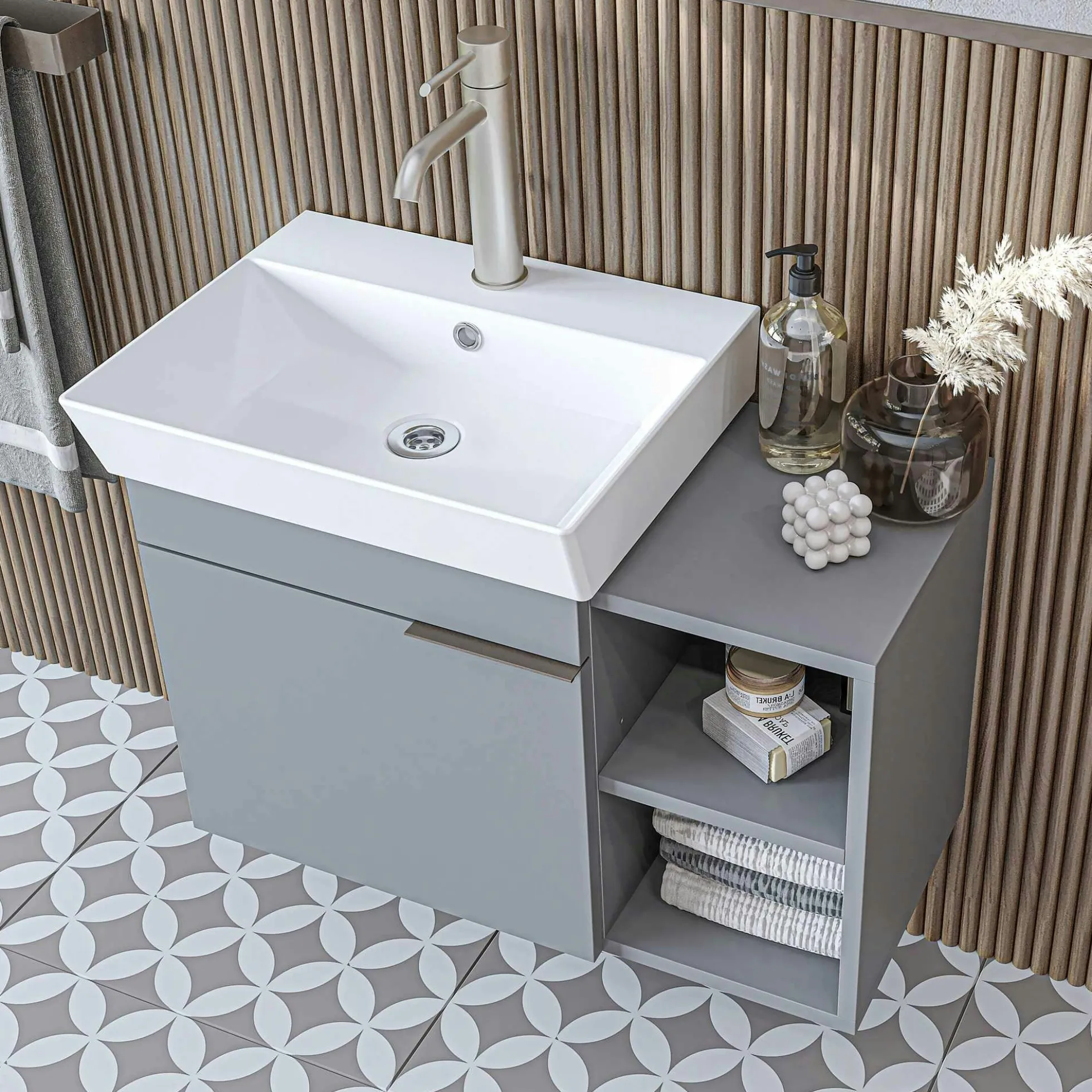 Meuble vasque suspendu gris clair 1 porte 2 niches NORIA