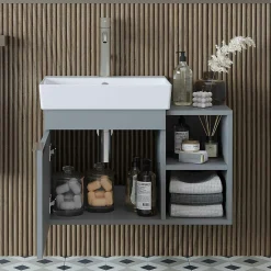 Meuble vasque suspendu gris clair 1 porte 2 niches NORIA
