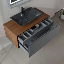 Meuble vasque suspendu gris 100 cm décor noyer et anthracite 2 tiroirs RIA