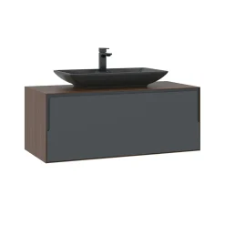 Meuble vasque suspendu gris 100 cm décor noyer et anthracite 2 tiroirs RIA