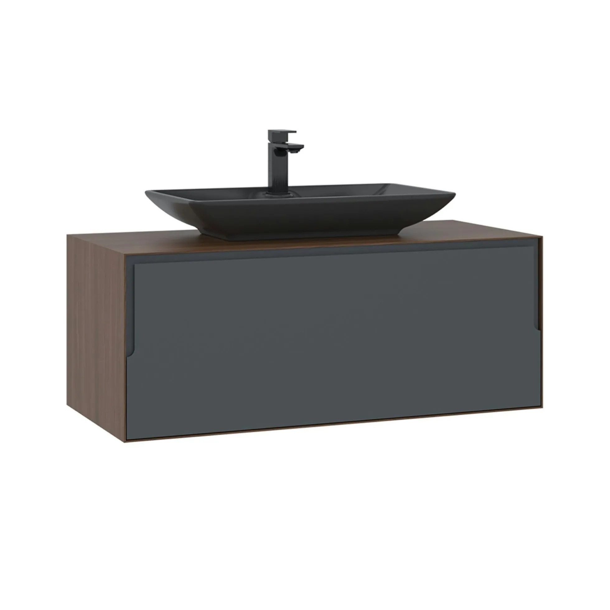 Meuble vasque suspendu gris 100 cm décor noyer et anthracite 2 tiroirs RIA