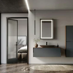 Meuble vasque suspendu gris 120 cm décor noyer et anthracite 2 tiroirs RIA