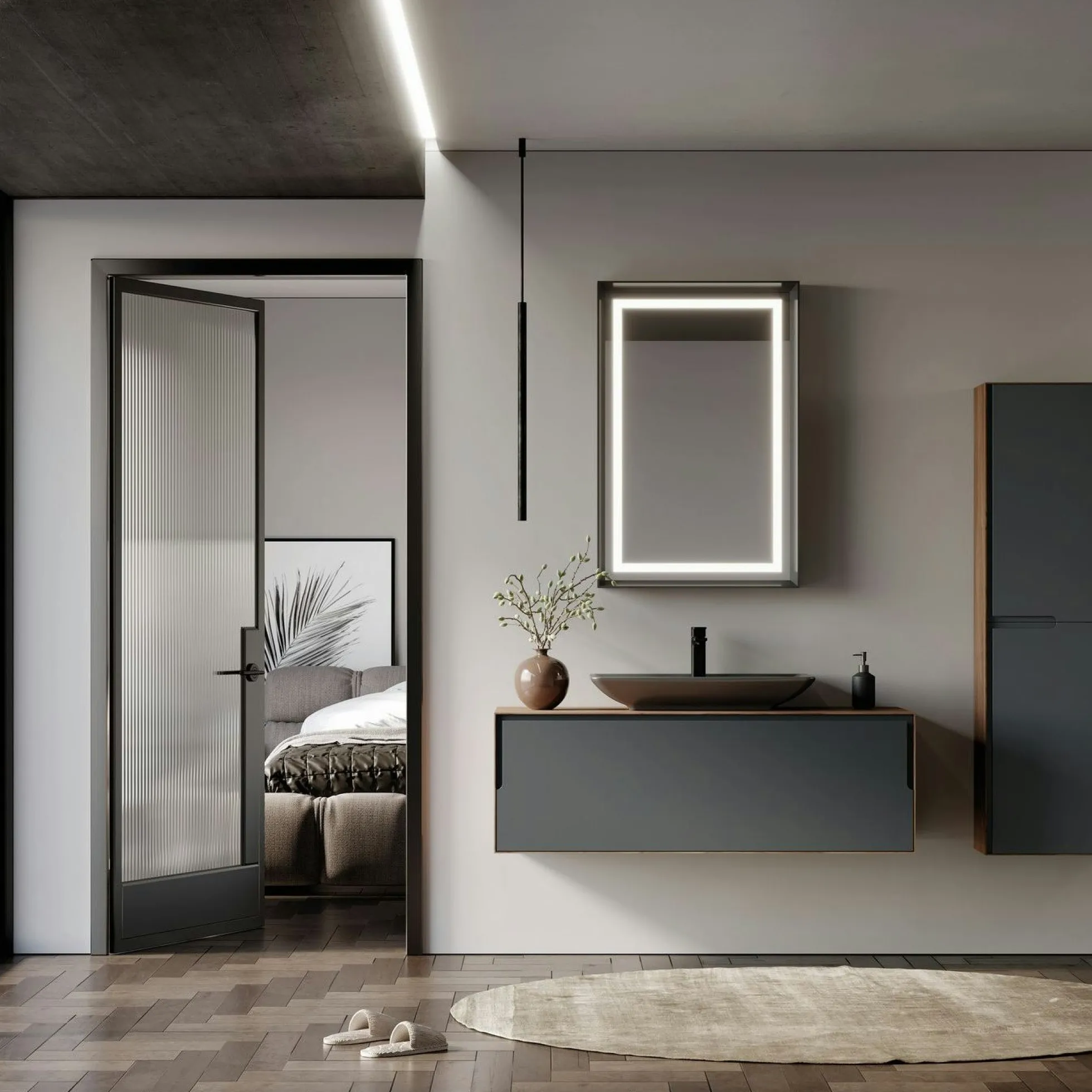Meuble vasque suspendu gris 120 cm décor noyer et anthracite 2 tiroirs RIA