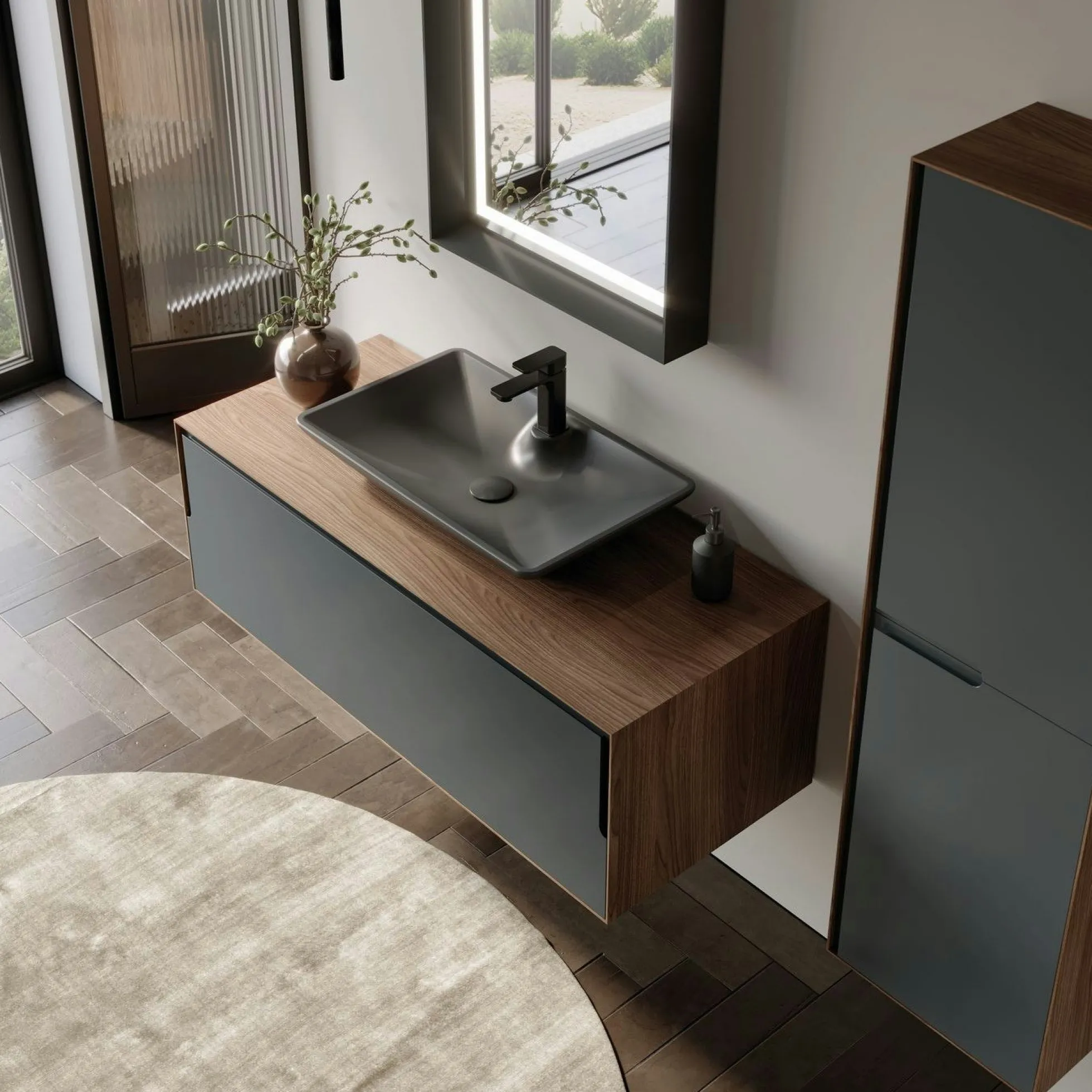Meuble vasque suspendu gris 120 cm décor noyer et anthracite 2 tiroirs RIA