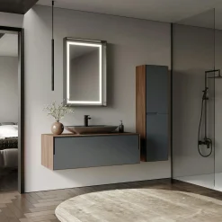 Meuble vasque suspendu gris 120 cm décor noyer et anthracite 2 tiroirs RIA