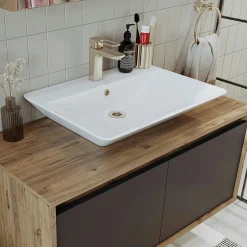 Meuble vasque suspendu 2 portes décor pin et gris FLOE