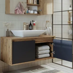 Meuble vasque suspendu 2 portes décor pin et gris FLOE