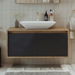 Meuble vasque suspendu 2 portes décor pin et gris FLOE