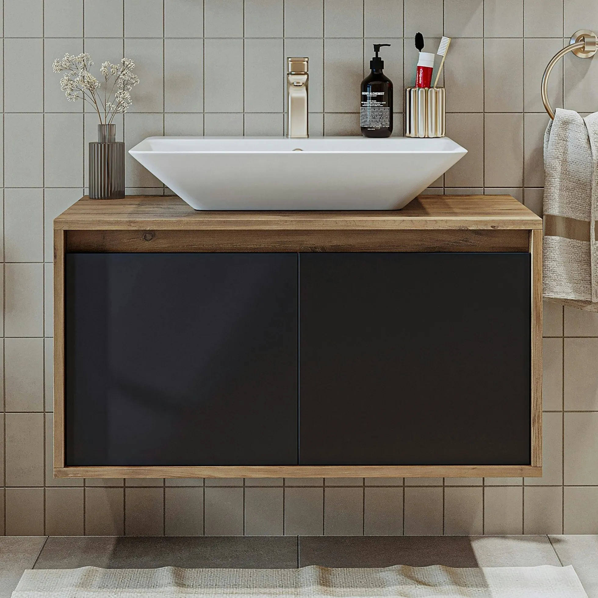 Meuble vasque suspendu 2 portes décor pin et gris VIVE