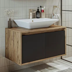 Meuble vasque suspendu 2 portes décor pin et gris VIVE