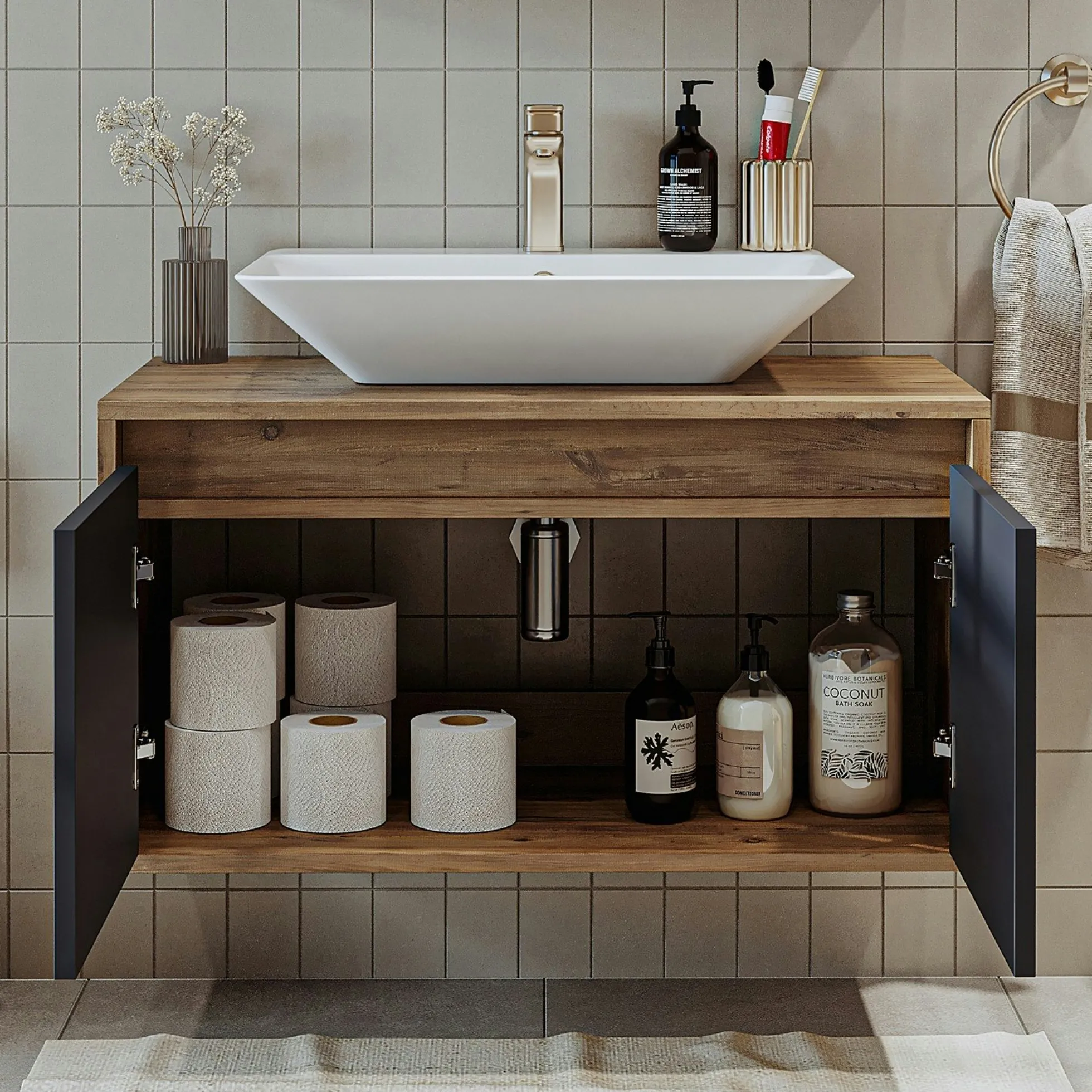 Meuble vasque suspendu 2 portes décor pin et gris VIVE