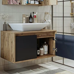 Meuble vasque suspendu 2 portes décor pin et gris VIVE