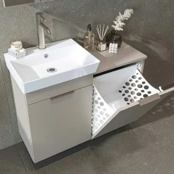 Meuble vasque suspendu sable avec panier à linge NESSA