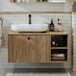 Meuble vasque suspendu 1 tiroir décor pin RUSH