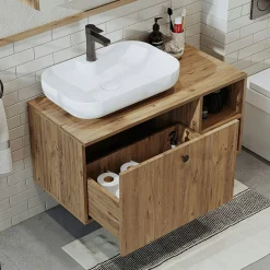 Meuble vasque suspendu 1 tiroir décor pin RUSH