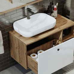 Meuble vasque suspendu 1 tiroir décor pin et blanc RUSH