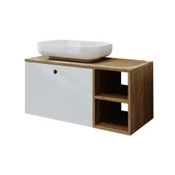 Meuble vasque suspendu 1 tiroir décor pin et blanc RUSH