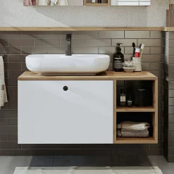 Meuble vasque suspendu 1 tiroir décor pin et blanc RUSH
