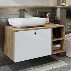 Meuble vasque suspendu 1 tiroir décor pin et blanc RUSH