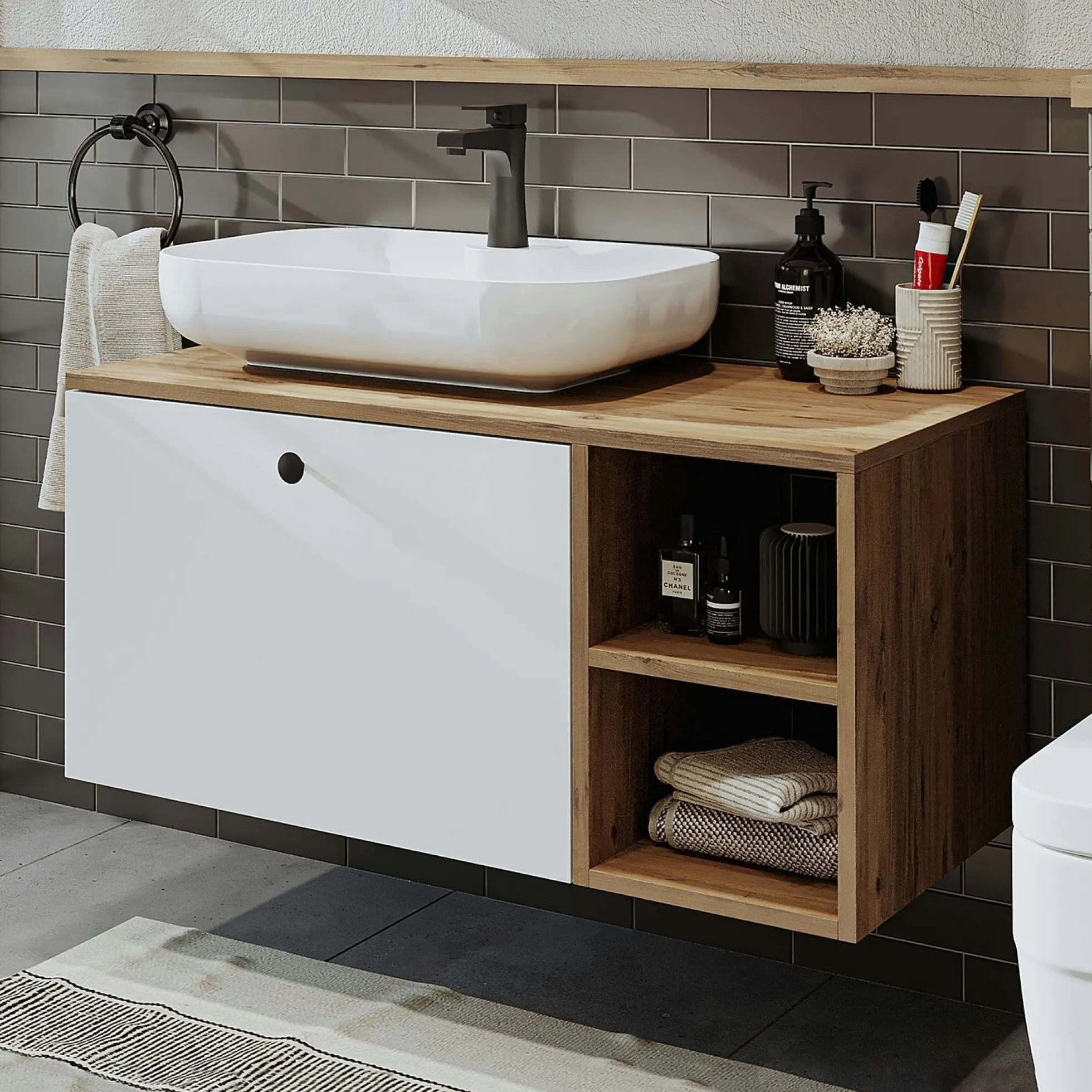 Meuble vasque suspendu 1 tiroir décor pin et blanc RUSH