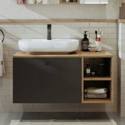 Meuble vasque suspendu 1 tiroir décor pin et gris RUSH