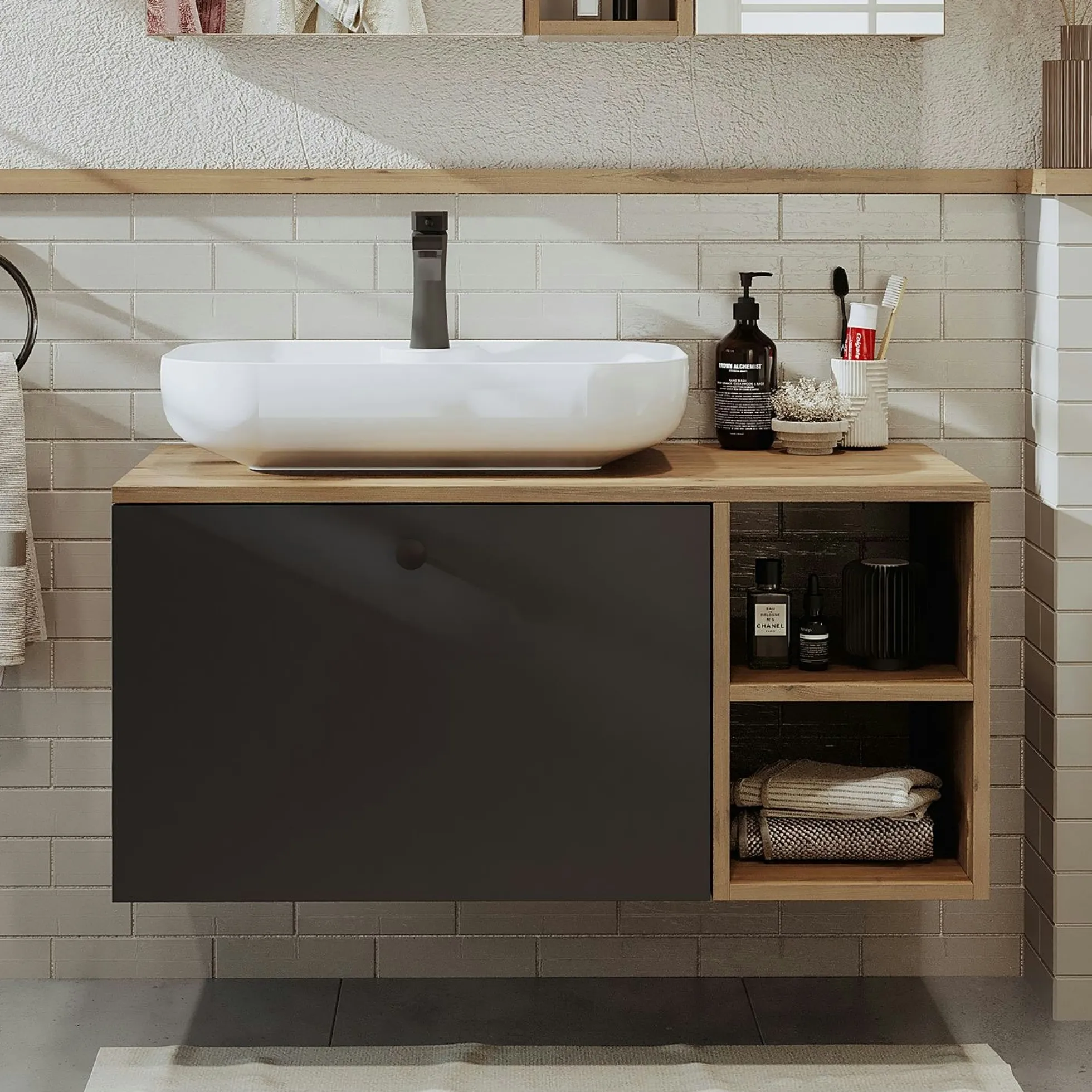 Meuble vasque suspendu 1 tiroir décor pin et gris RUSH