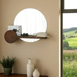 Miroir d'entrée rond avec étagère en bois brun HILO