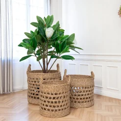Panier cache-pot rond avec poignées, tressage ajouré (lot de 3)